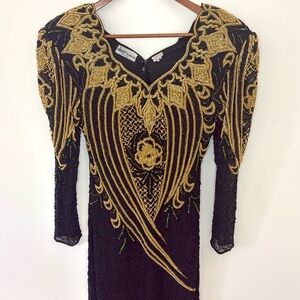 Vintage Gold & Black Beaded Silk Gown Formal Special Occasion Sz S
